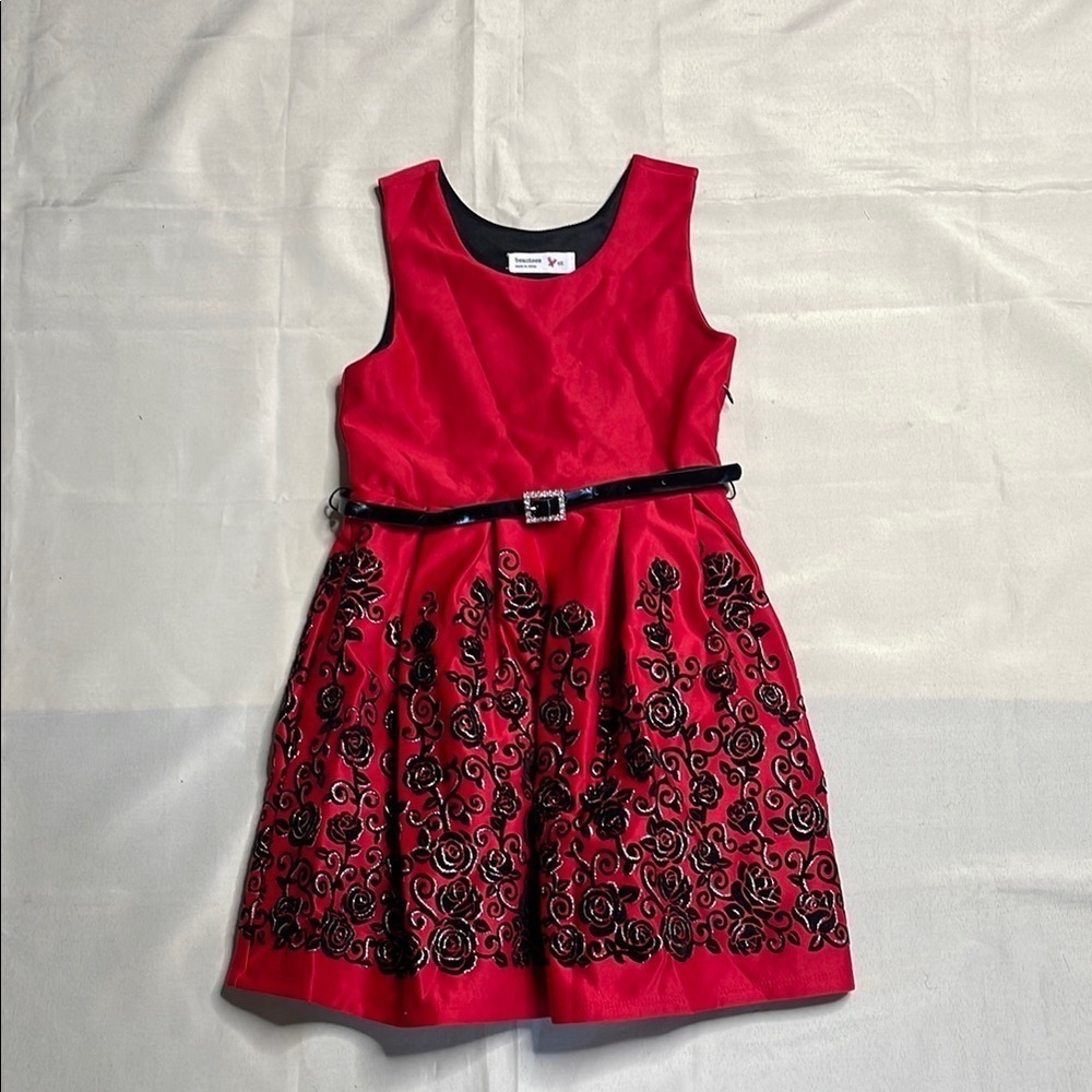 BEAUTEES Red Kids Dress with Black Floral Design